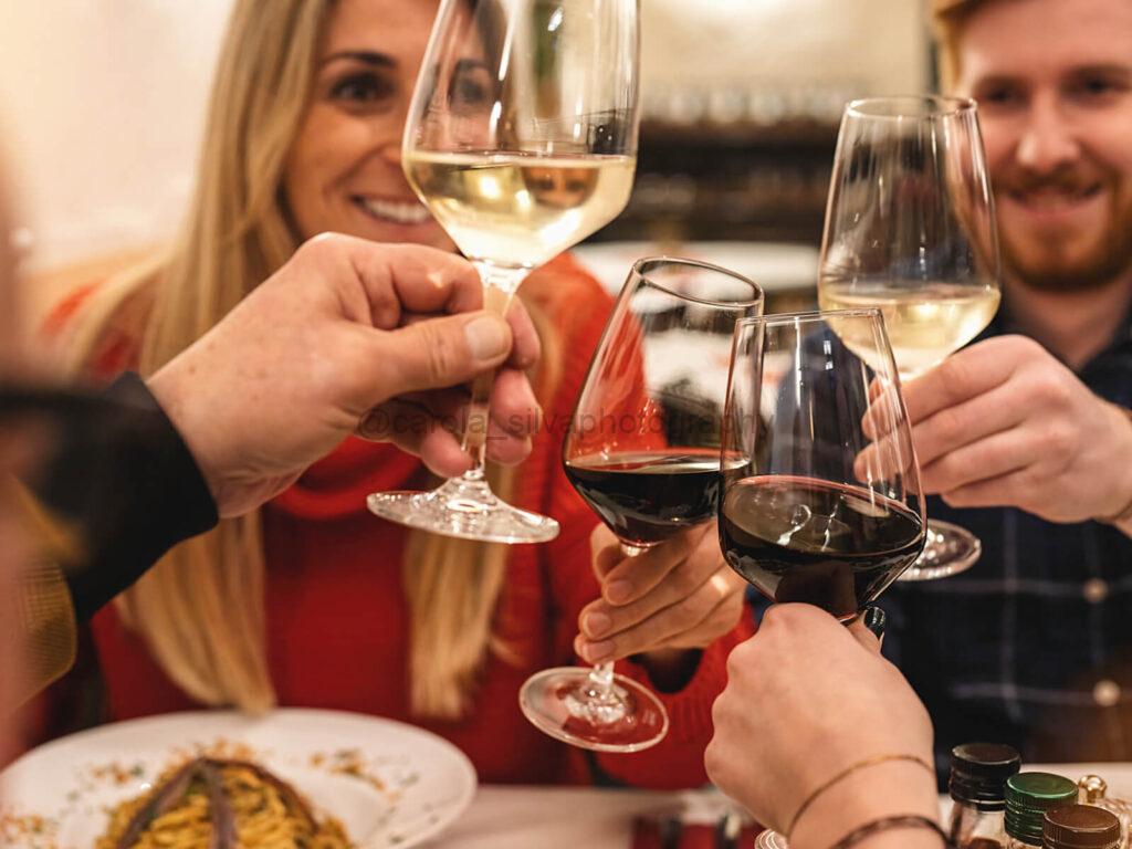 wine pairing party setup with guests enjoying food and wine